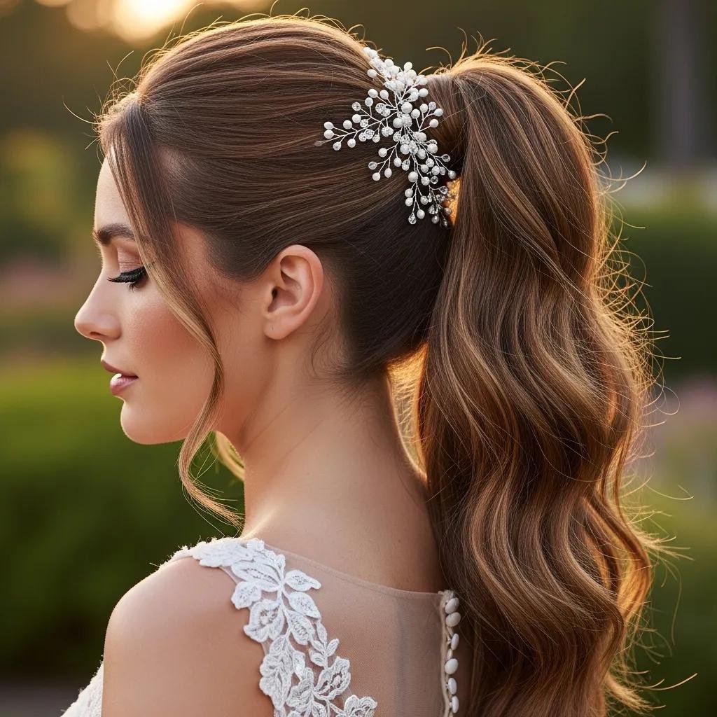 Polished high ponytail styled for a wedding, showing smooth crown and glossy lengths