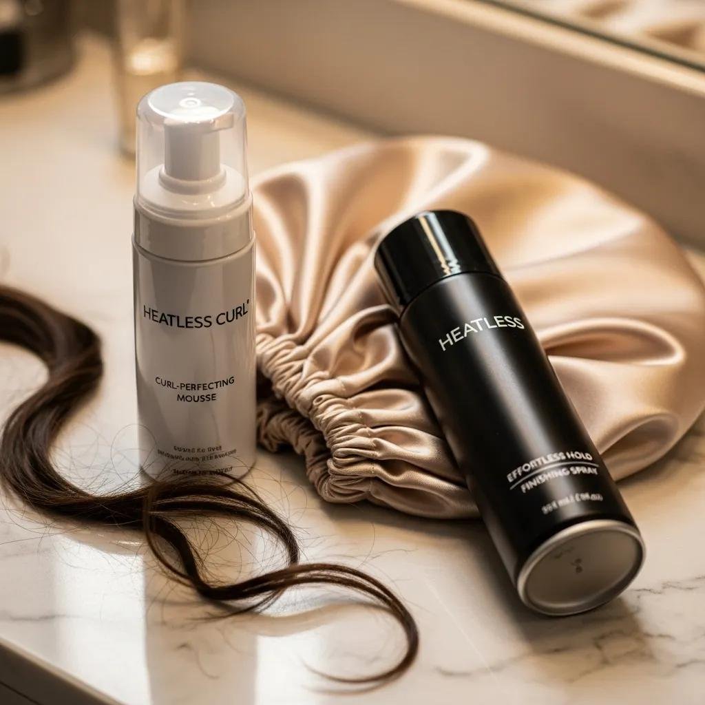 Curated hair care products for maintaining heatless curls displayed on a vanity