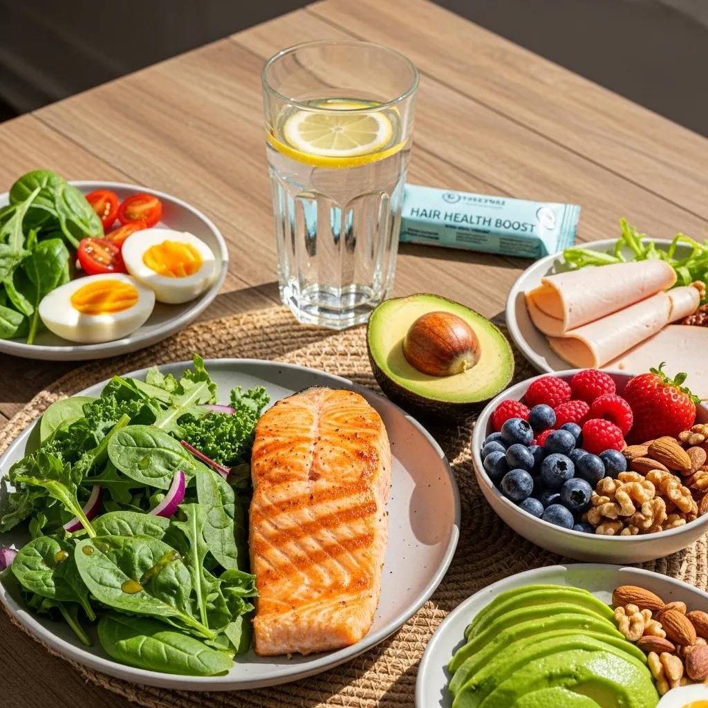 Selection of protein-rich foods and hydrating options to support hair and fitness