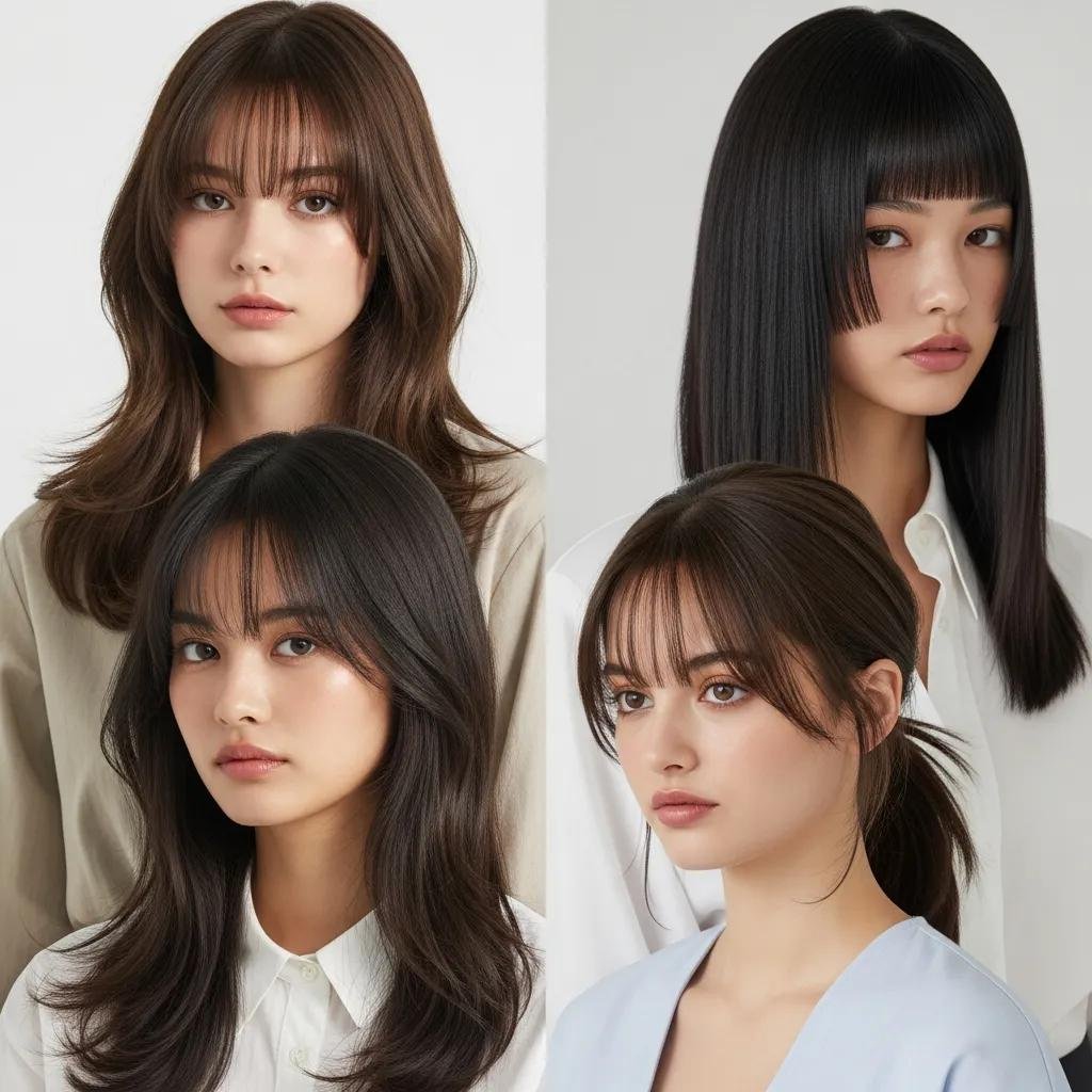 Models showing curtain bangs, see-through fringe, and blunt short fringe