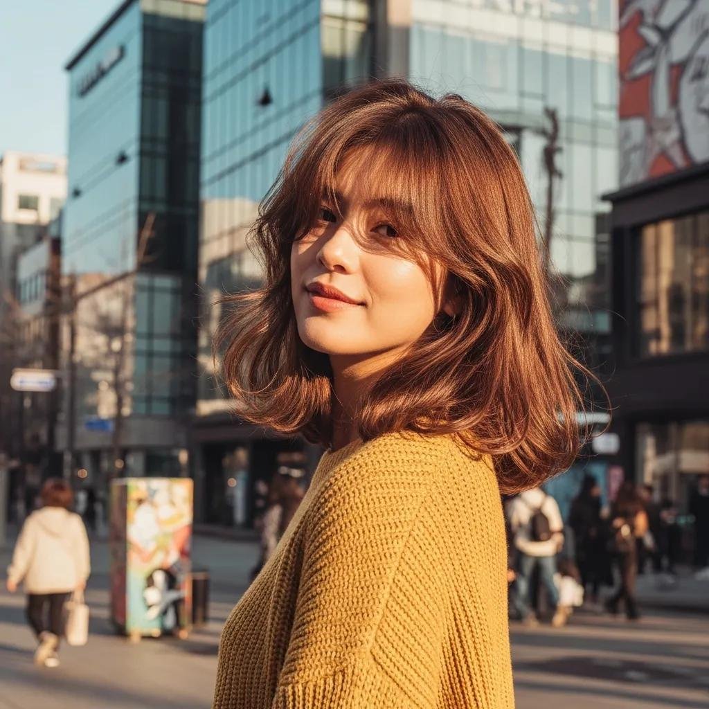 Modern Korean hairstyle featuring a hush cut and soft layers in an urban setting