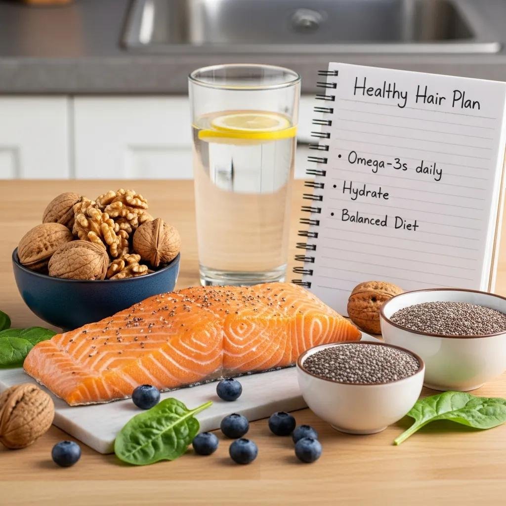 Salmon, chia seeds and walnuts displayed as dietary sources of omega-3s to support scalp health and hair density