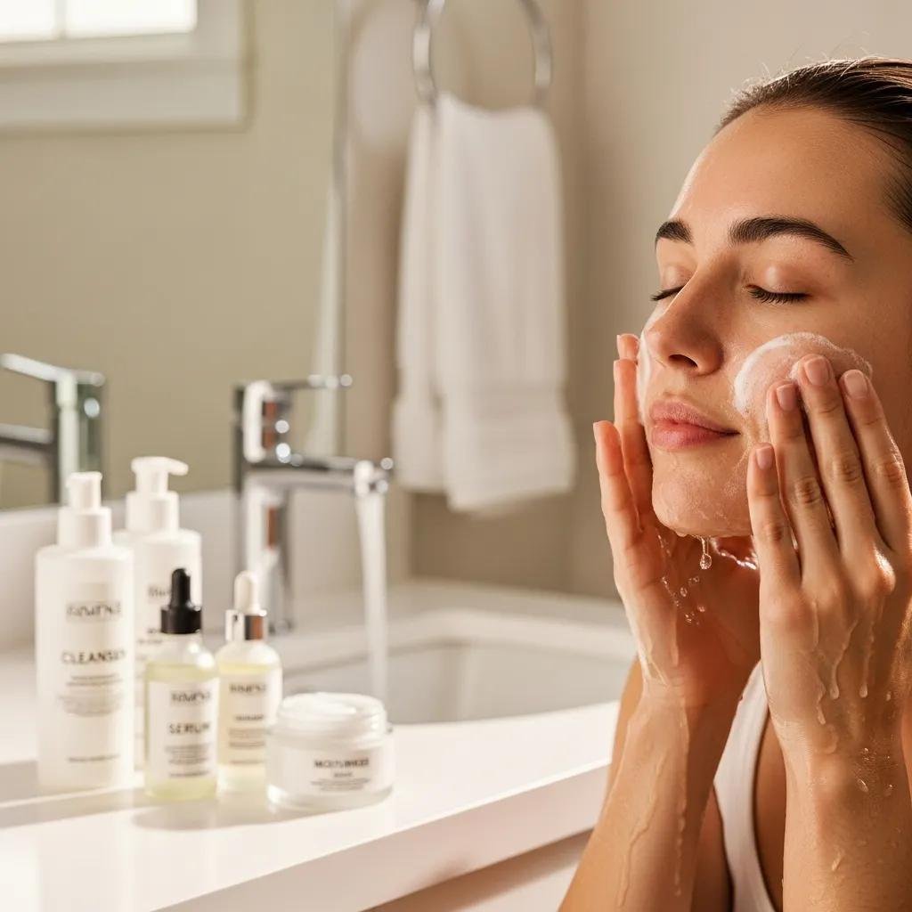 Person gently cleansing their face as part of a simple skincare routine