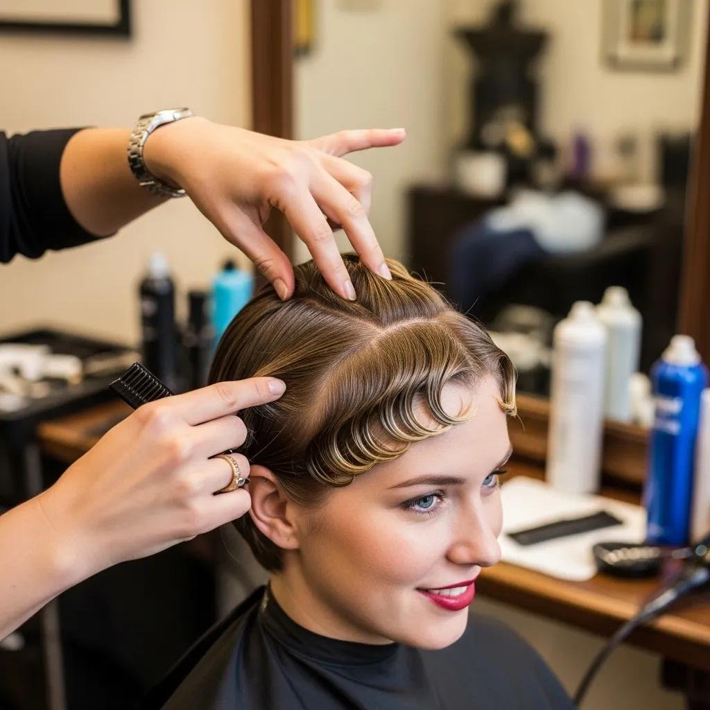 Stylist shaping finger waves on short hair, showing the craft behind this 1920s technique