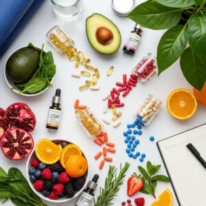 Vitamins and supplements for healthy hair growth including colorful capsules and natural food sources