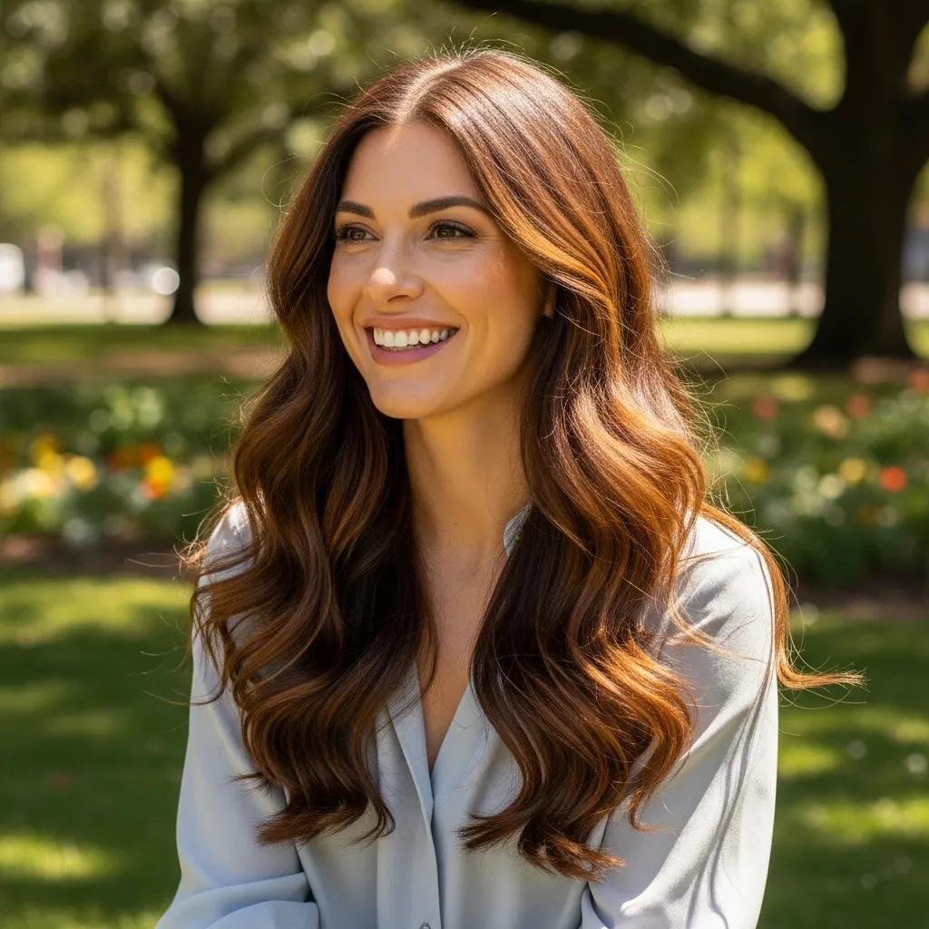 Woman with long hair styled in heatless curls enjoying a sunny day outdoors
