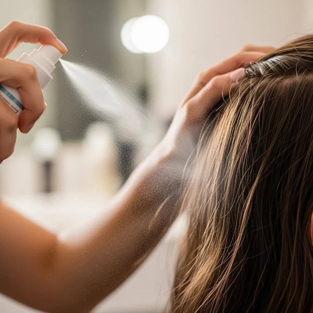 Close-up of someone sprinkling heat protectant spray into hair, demonstrating even application technique