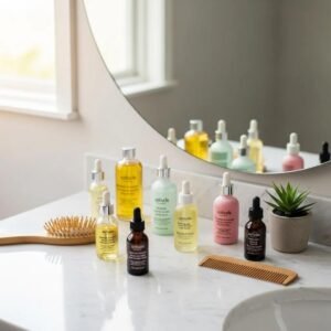A collection of hair serums and oils displayed on a bathroom counter, highlighting hair care products in a bright and inviting setting