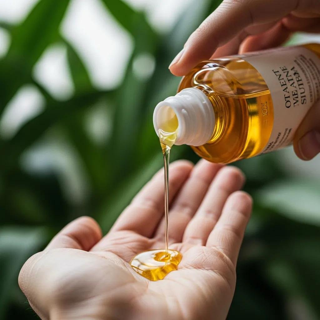 Golden hair oil being poured into a hand, highlighting nourishment and self-care
