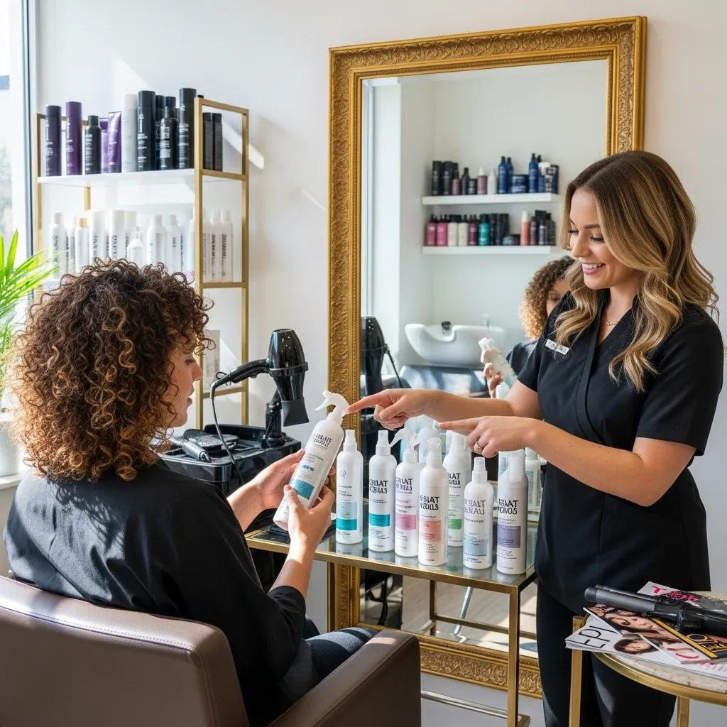 Stylist comparing heat-protectant sprays with a client, showing options for different hair textures