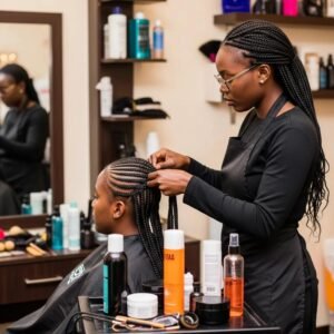 African hairstylist braiding hair, showcasing cultural artistry and hair care