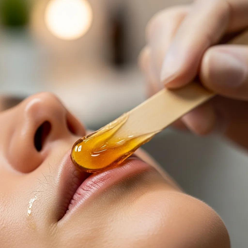 Applying a plant‑based wax to the upper lip during a gentle, sensitivity-focused waxing session