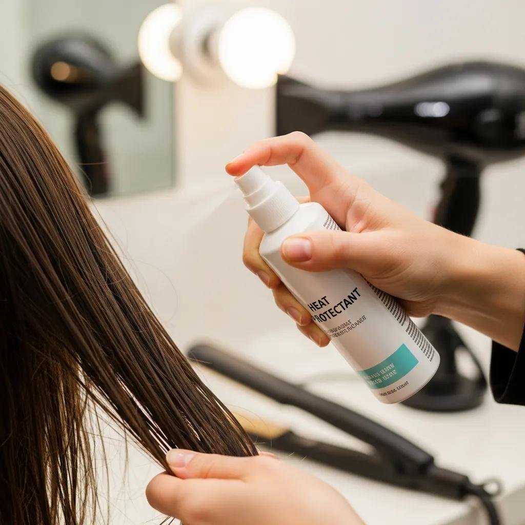 Applying heat protectant spray to damp hair before styling to protect from heat