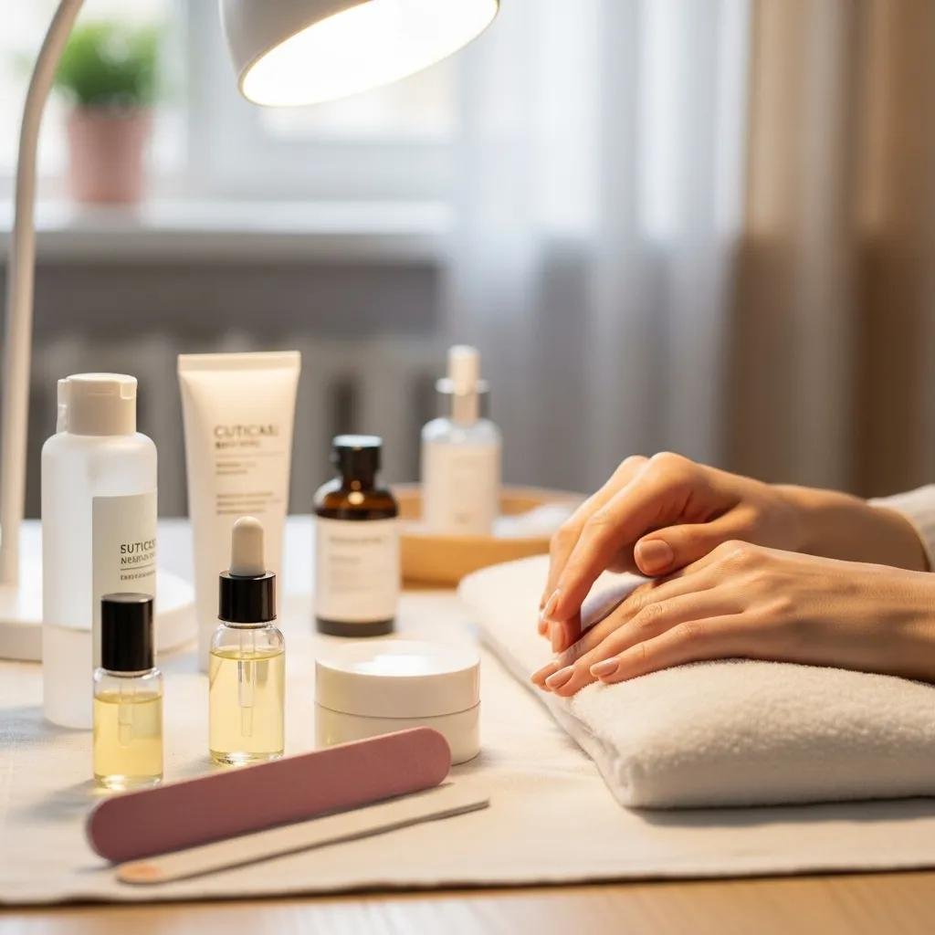 At-home nail care products including cuticle oil and hand cream on a well-lit table