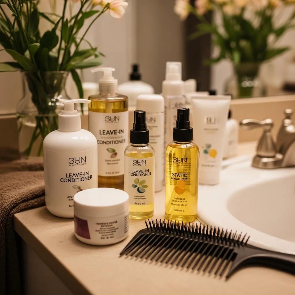 Counter with thoughtfully chosen at‑home hair products for preventing static, emphasizing simple daily care items