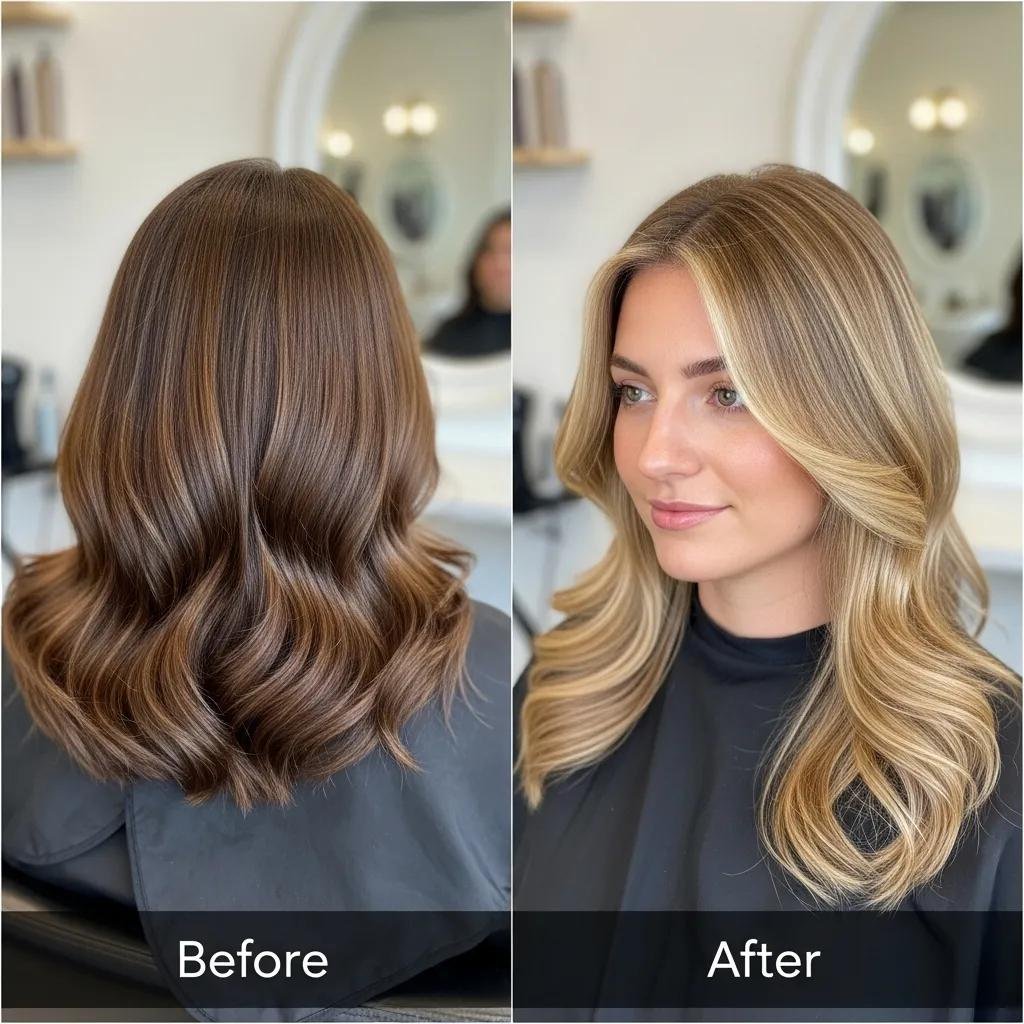 Before and after photos showing face‑framing highlights that add brightness and dimension