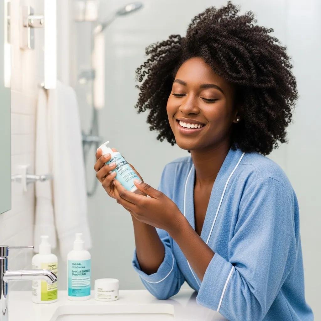 Black woman applying hair moisturizer in a bright bathroom, representing natural hair care routine