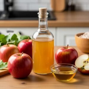 Bottle of apple cider vinegar with fresh apples, representing natural hair care benefits