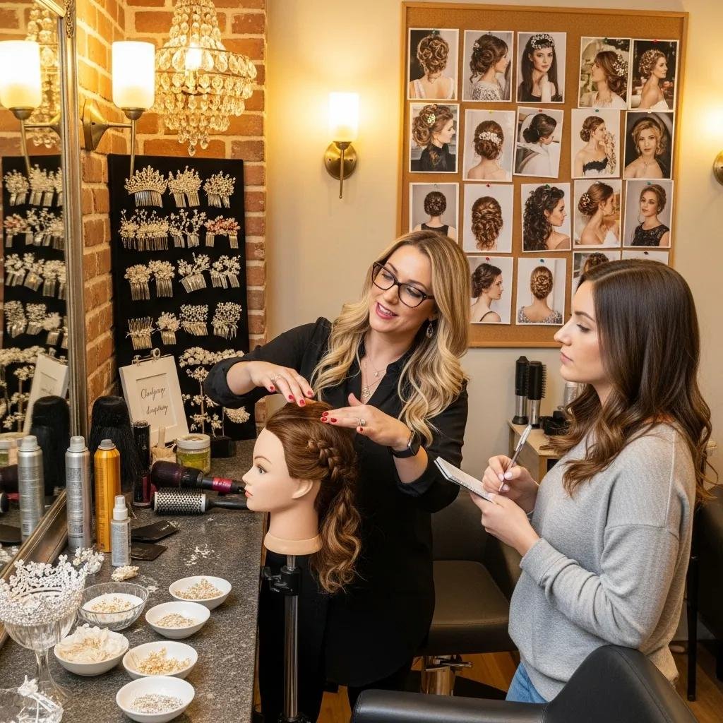 Stylist and bride reviewing hairstyle ideas and accessories during a consultation