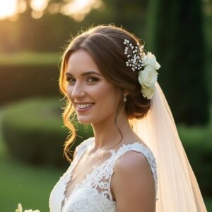 Bridal hair styling in a garden setting, showcasing elegant updo and accessories