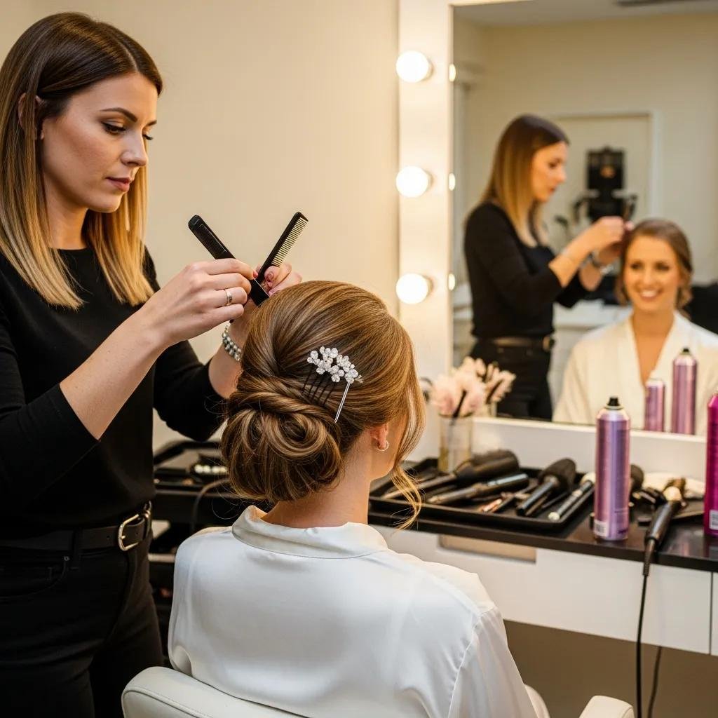Stylist finishing a half-up bridal trial in a salon setting
