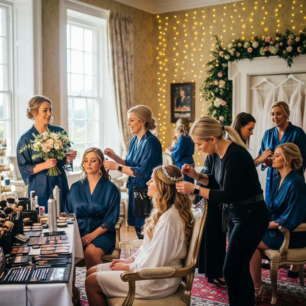 Bridal party receiving on-site hairstyling at a wedding venue
