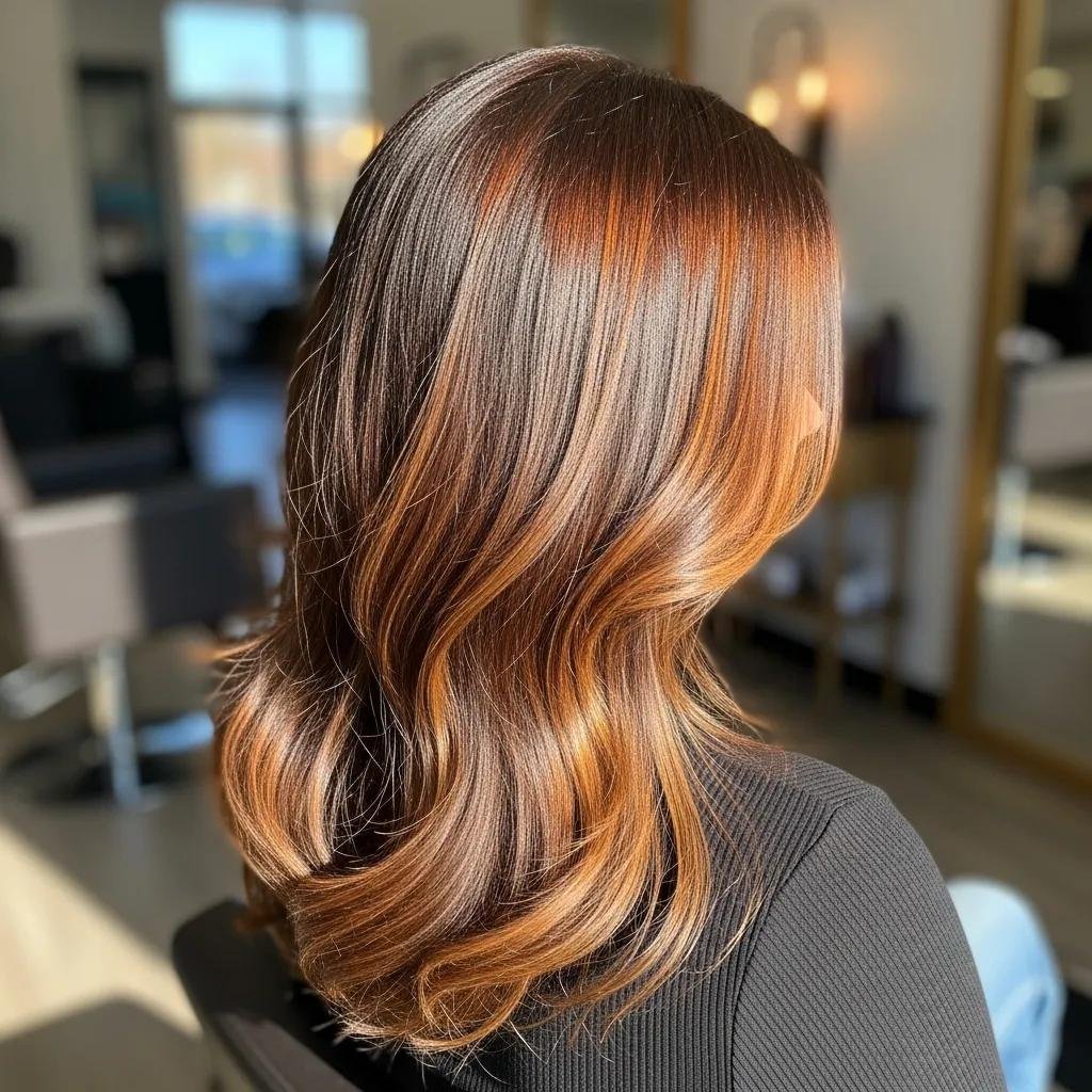 Brunette woman with caramel highlights in a sunlit salon, showcasing warm hair tones