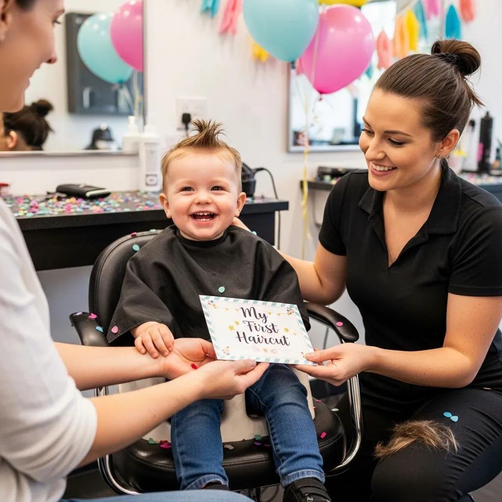 Child celebrating their first haircut with a stylist in our cheerful salon