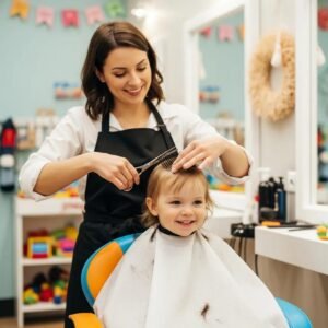 Child receiving a gentle haircut in a colorful, kid-friendly salon environment