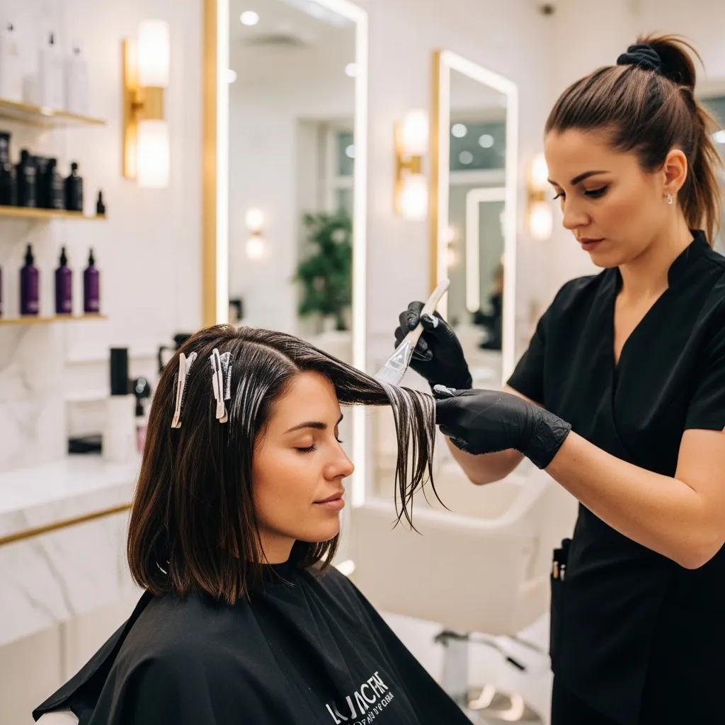 Client receiving a keratin smoothing service for reduced frizz and polished finish