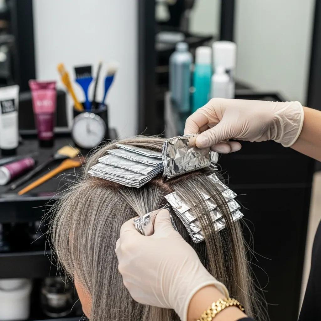 Client getting fine highlights to blend gray at Kylie Studio Salon