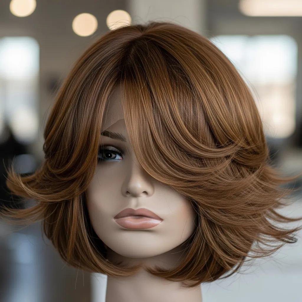 Close-up of a layered bob haircut showing lift and texture