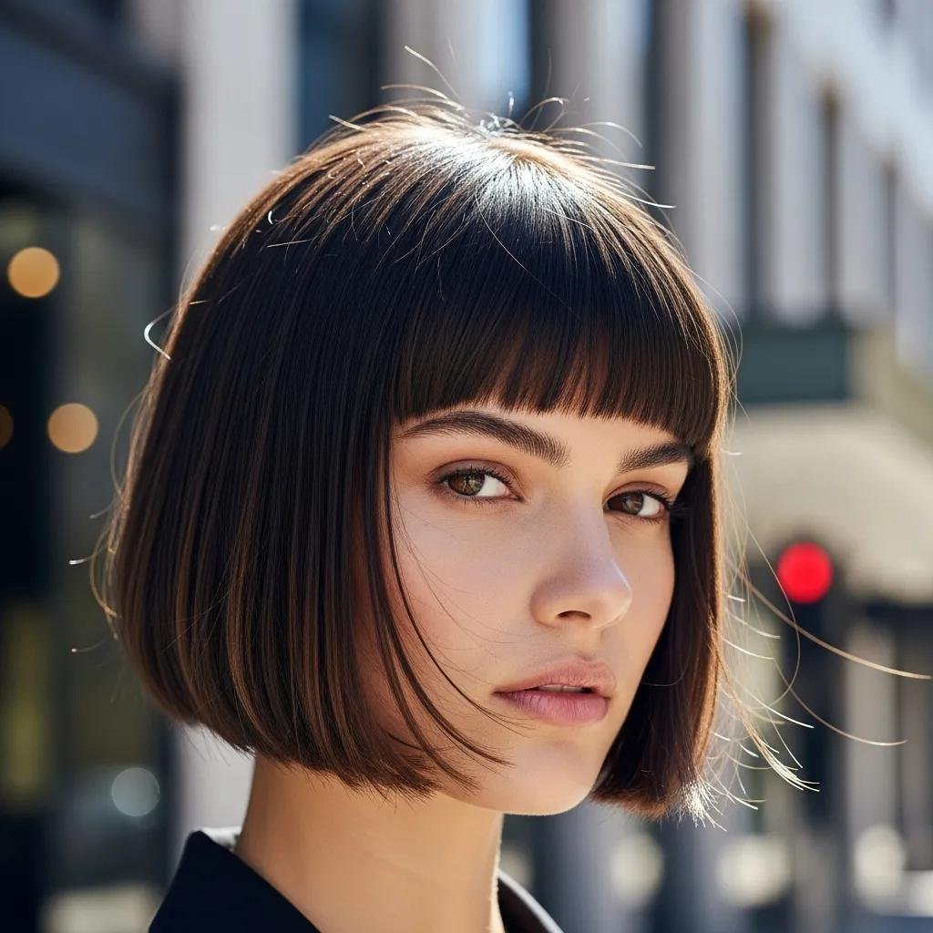 Close-up of a client with modern blunt bangs in a chic setting