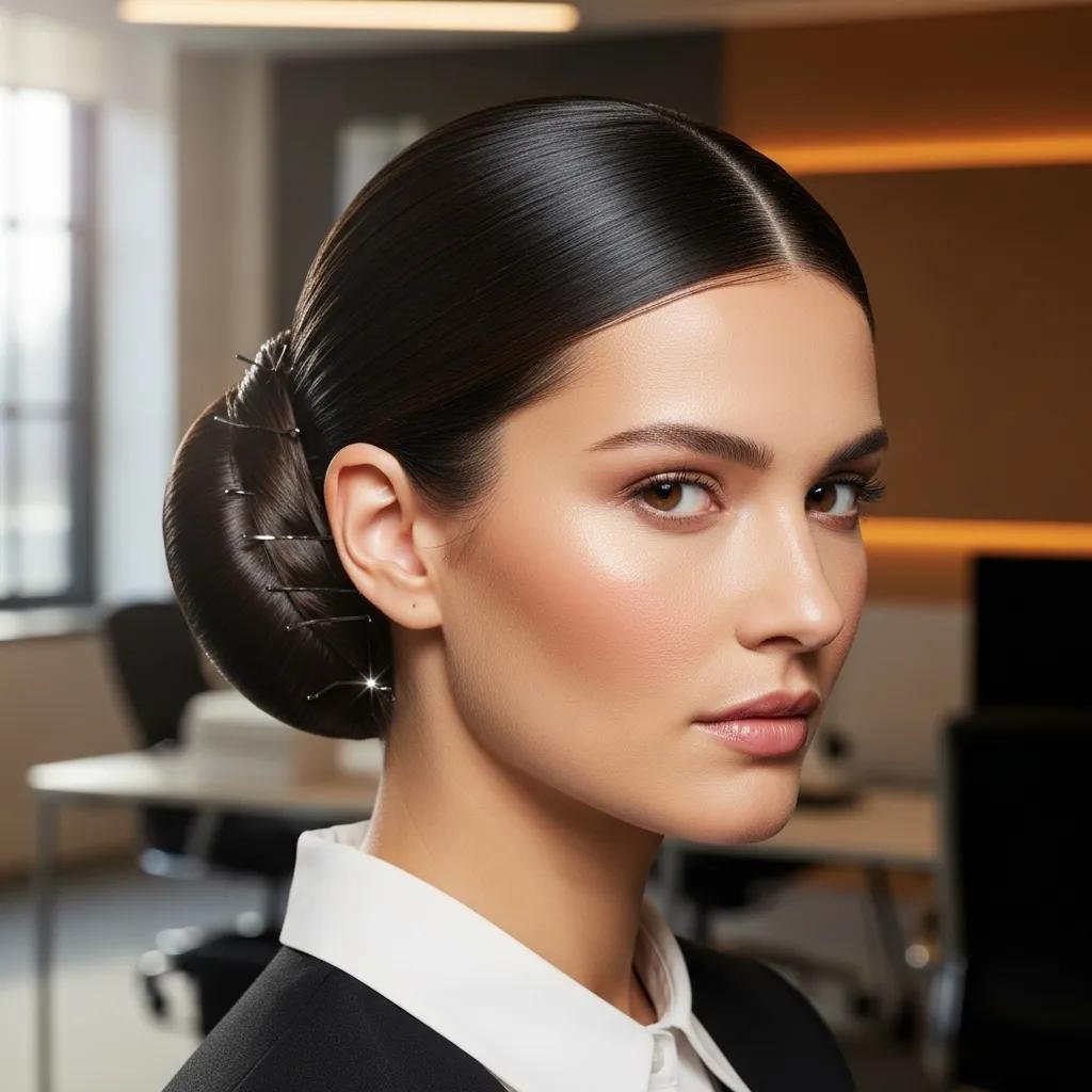 Close-up of a sleek low bun &mdash; a fast, professional updo for the office