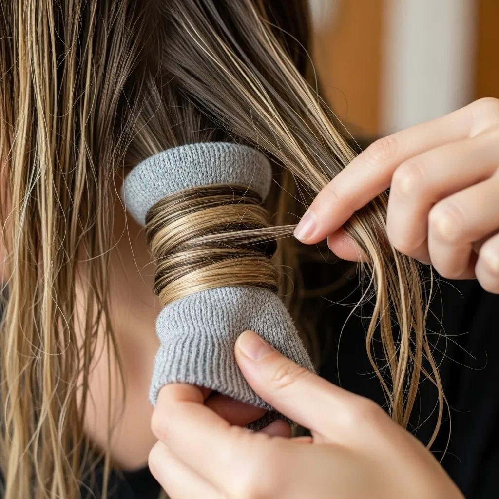 Close-up of wrapping hair around a sock to form bouncy sock curls