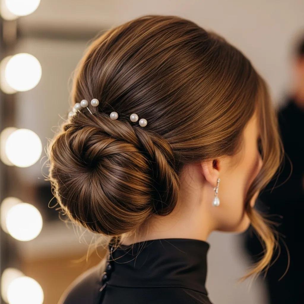 Elegant low chignon decorated with pearl pins — a classic holiday party hairstyle