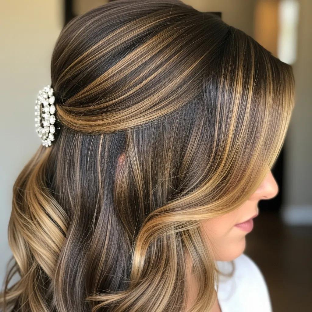 Close‑up of brunette hair showing blended highlights, lowlights, and glossy finish