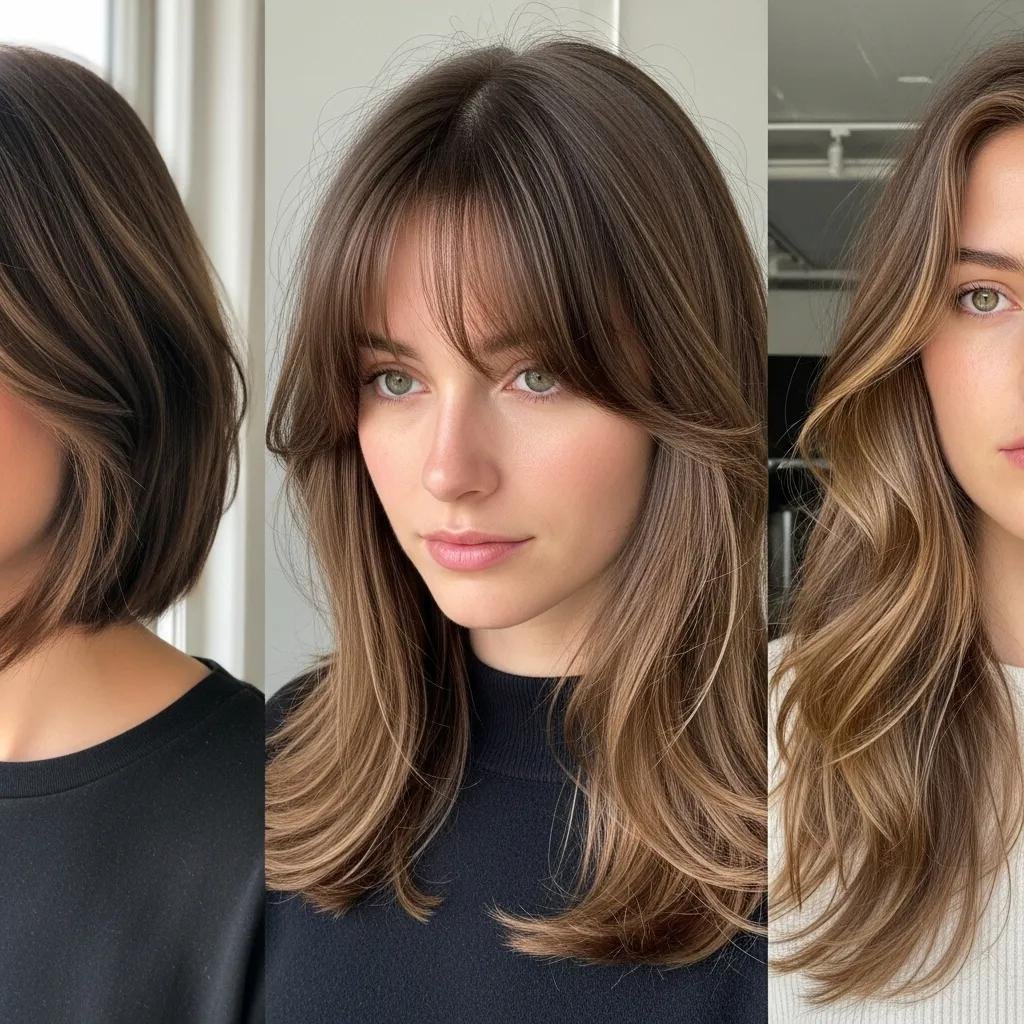 Close‑up of French‑girl haircuts: textured French bob, soft curtain bangs, and flowing long layers