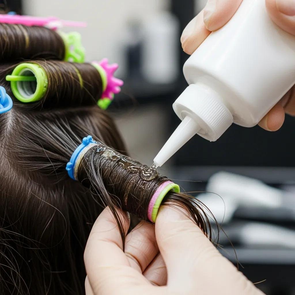 Close-up showing hair wrapped on rods during a modern perm service
