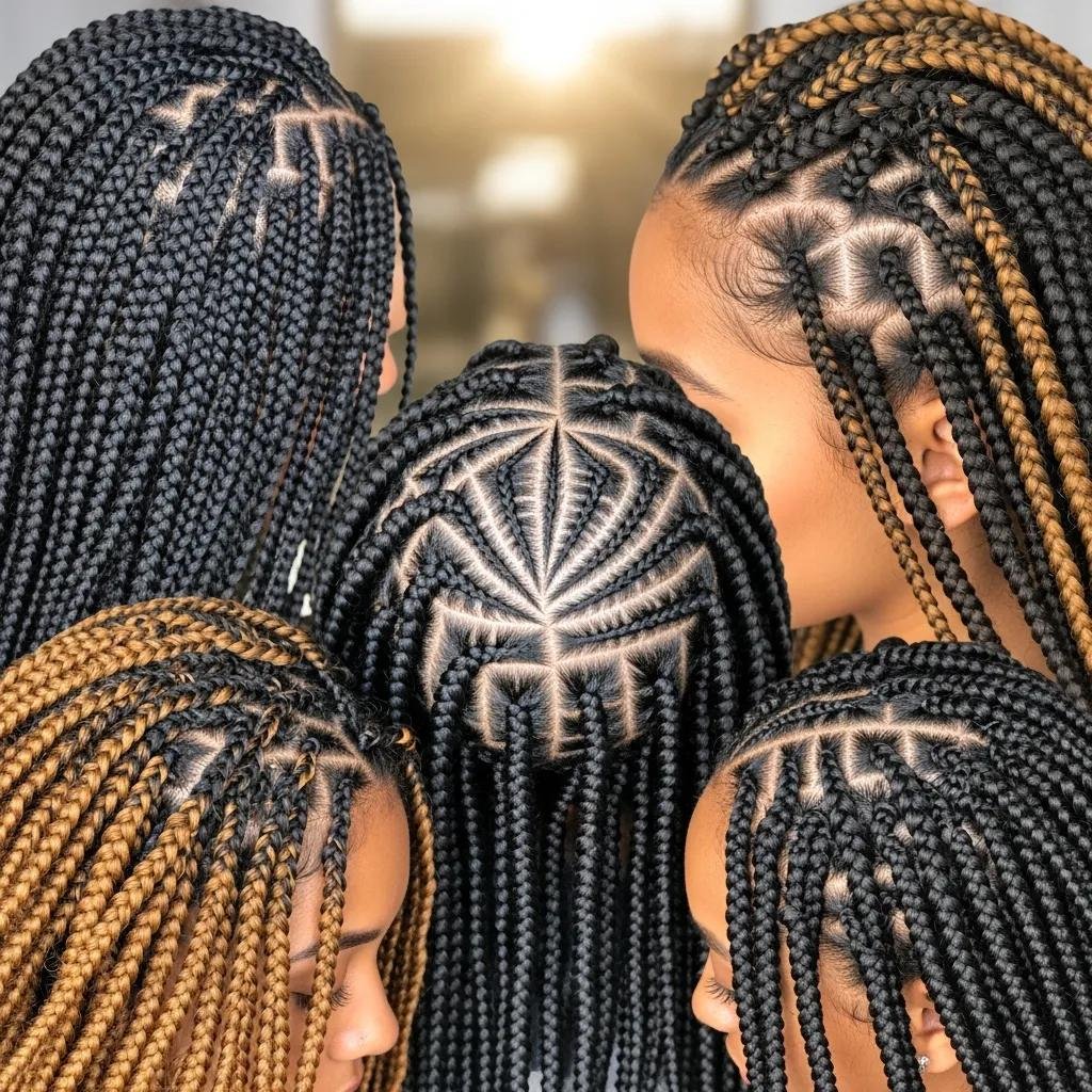 Close-up detailing box braids, twists, and cornrows to show texture and styling detail