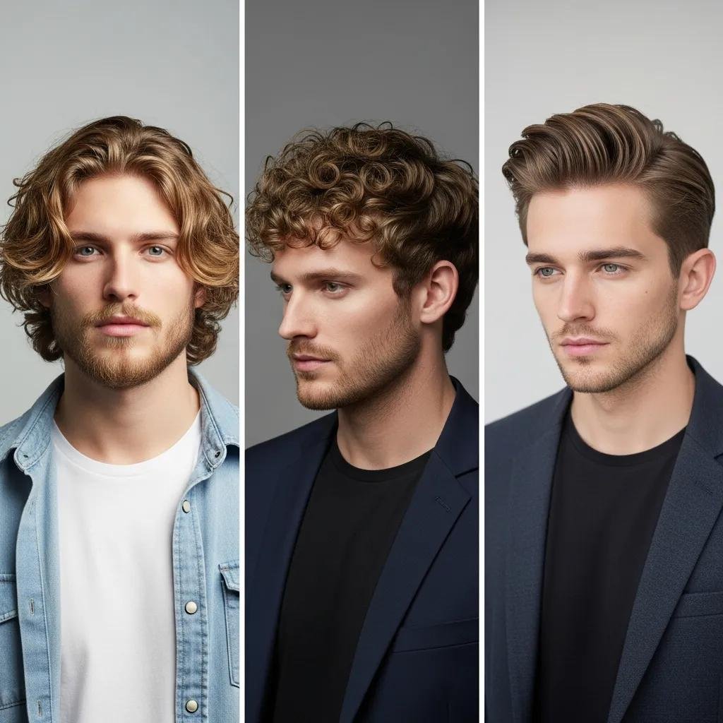 Collage showing wavy, curly, and Korean-style men's perm looks