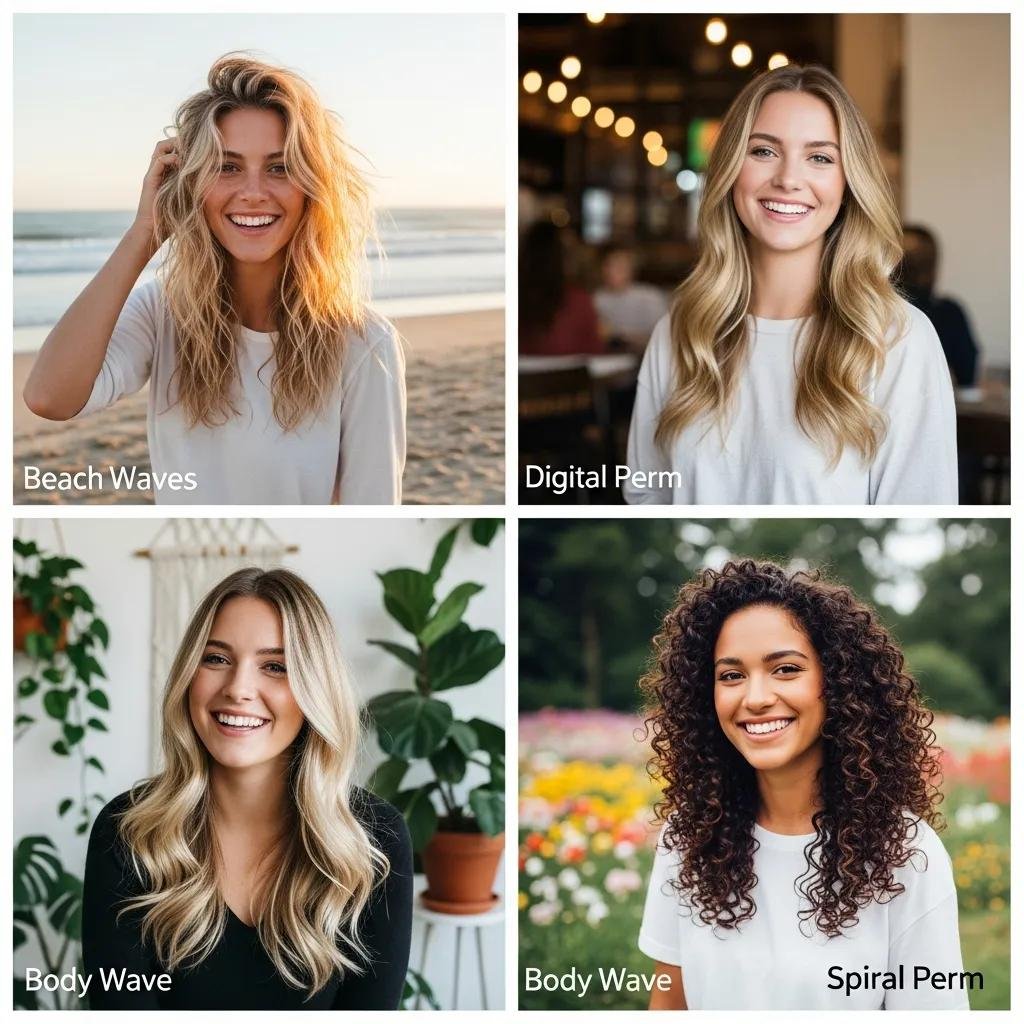 Collage showing popular modern perm textures and curl patterns
