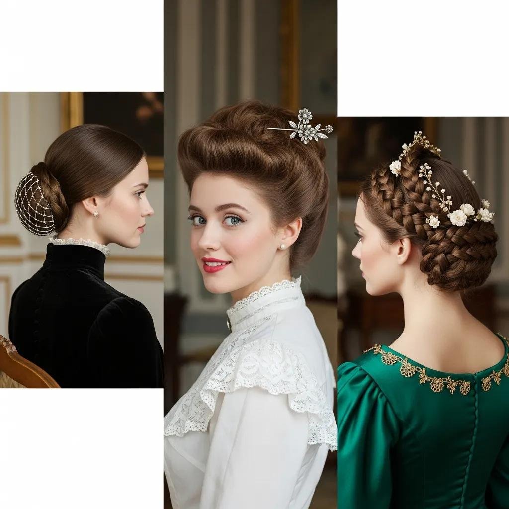 Collection of Victorian-inspired updos: classic chignon, Gibson Girl silhouette, and braided crown with accessories
