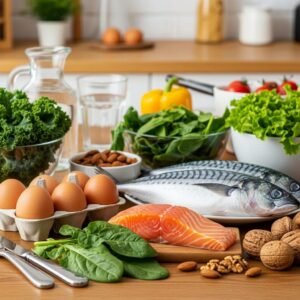 Colorful assortment of healthy foods for hair growth including eggs, leafy greens, and fatty fish
