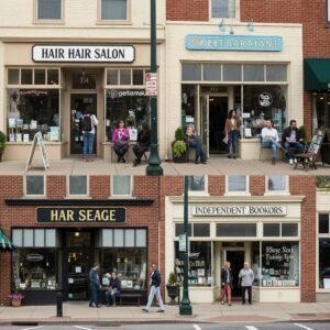 Colorful street scene in Bethesda highlighting local businesses and community engagement