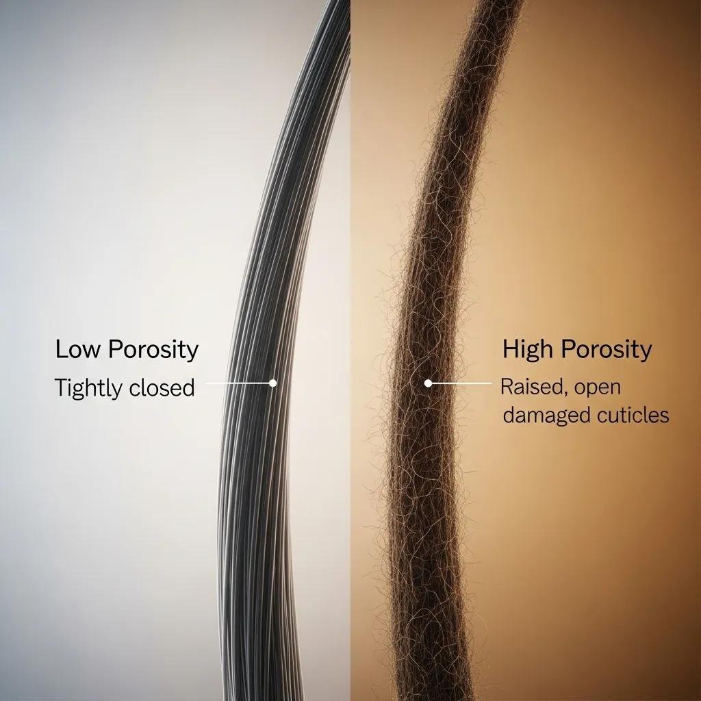 Side-by-side depiction of low and high porosity hair strands showing color retention differences