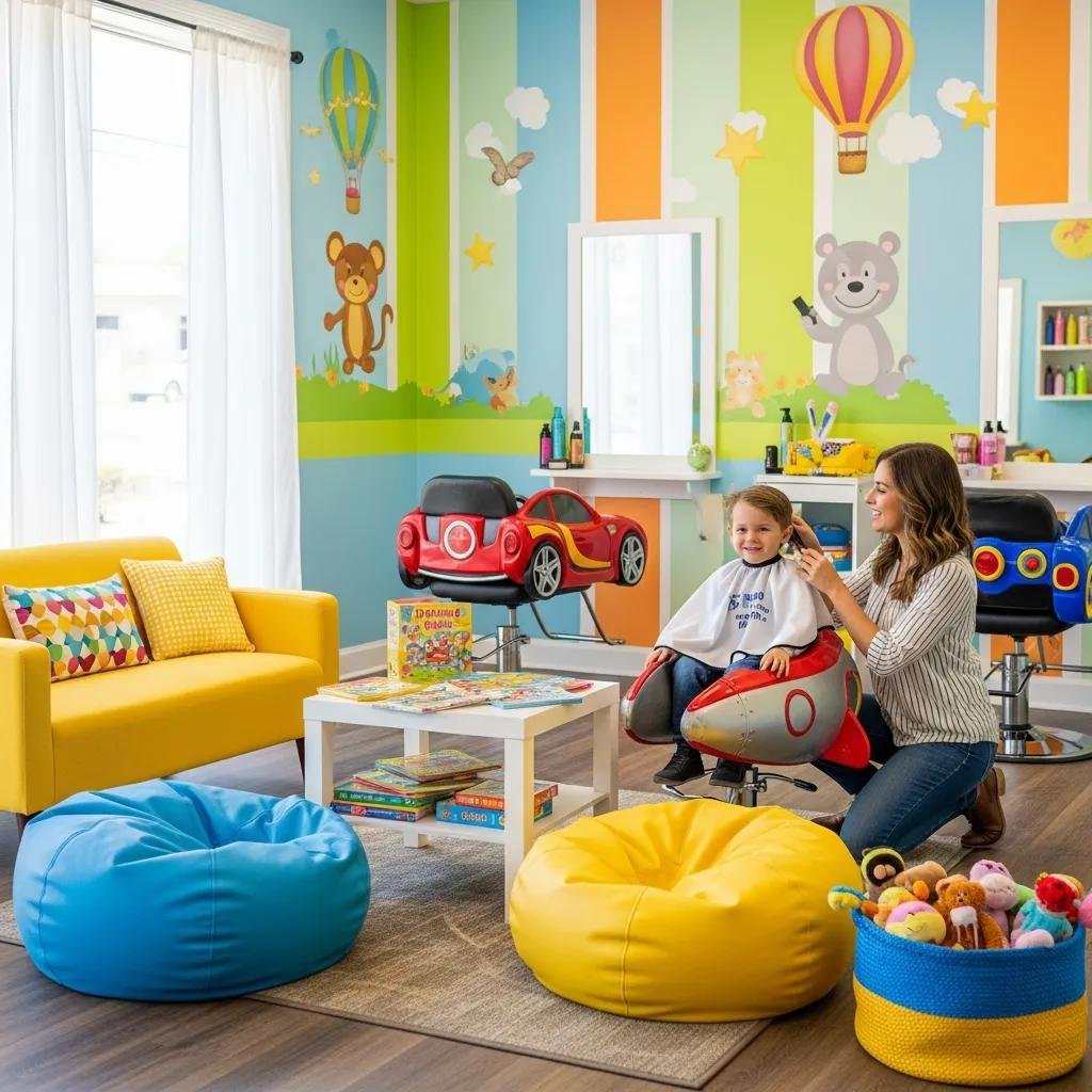 Cozy, colorful salon interior with toys and comfy seating for kids