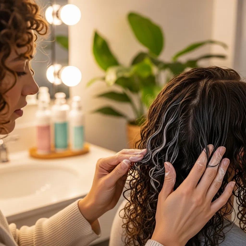 Demonstration of frizz-control technique on naturally curly hair using a leave-in product