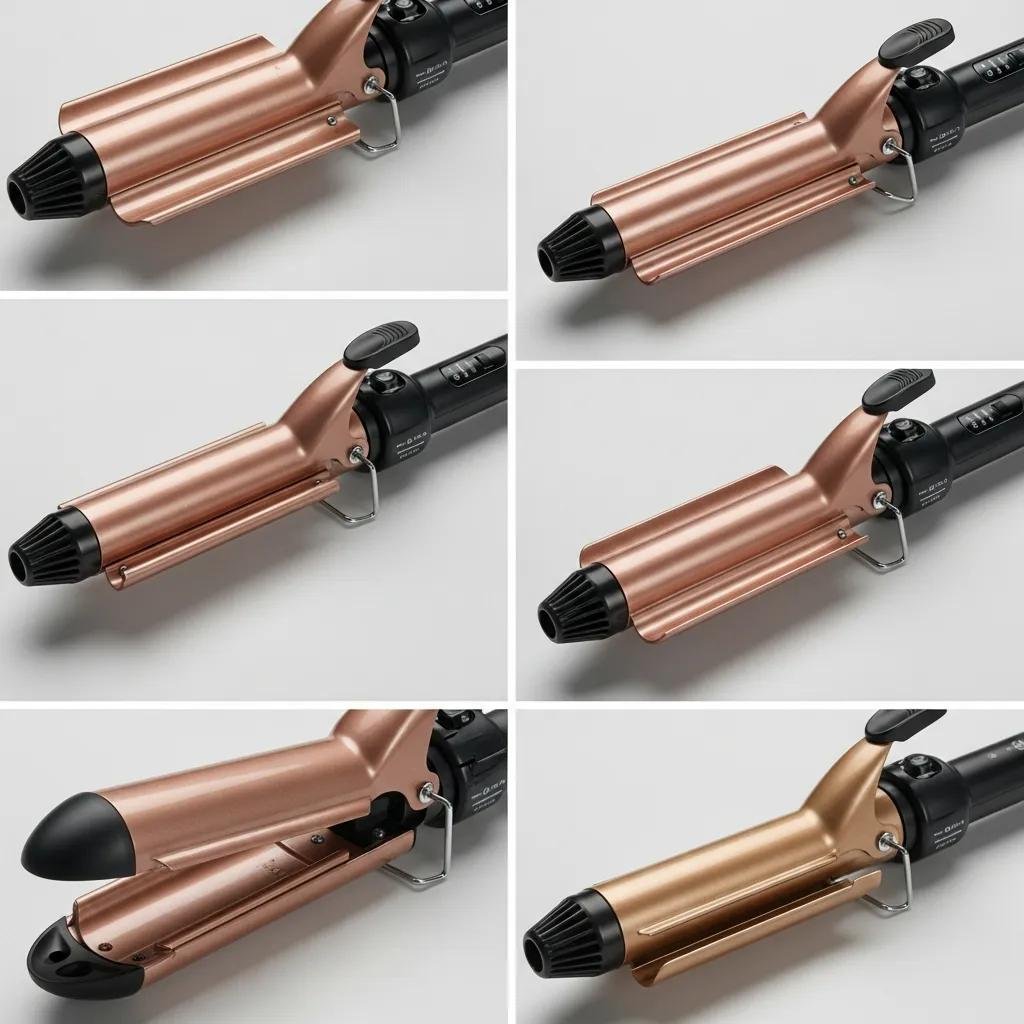 A lineup of automatic curlers showing different barrel sizes and materials