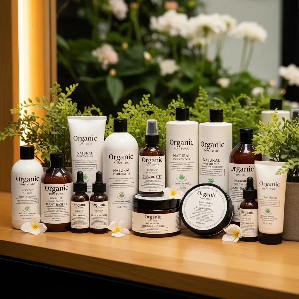 Shelf display of organic hair products highlighting natural ingredients and refillable packaging